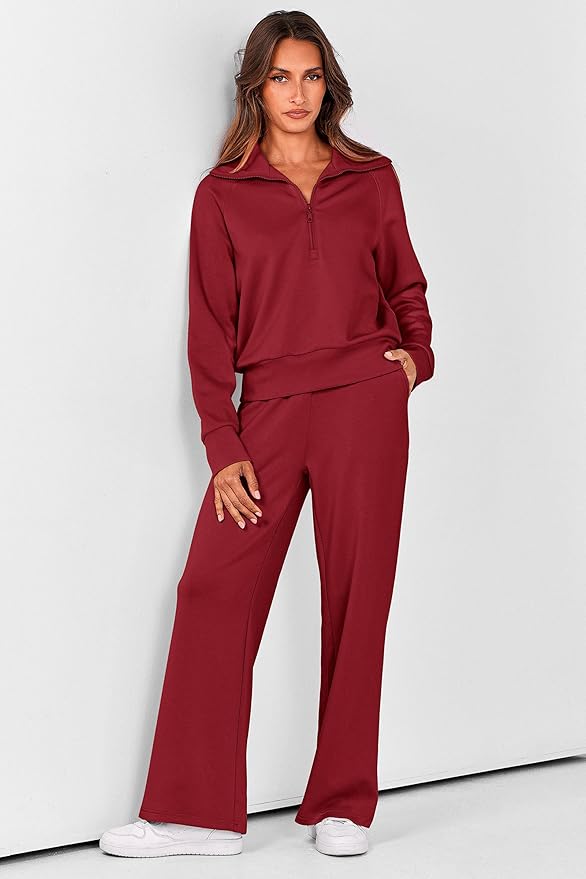 PRETTYGARDEN Women's 2 Piece Outfits Casual Lapel Half Zip Sweatshirts and Wide Leg Pants Tracksuit Sets