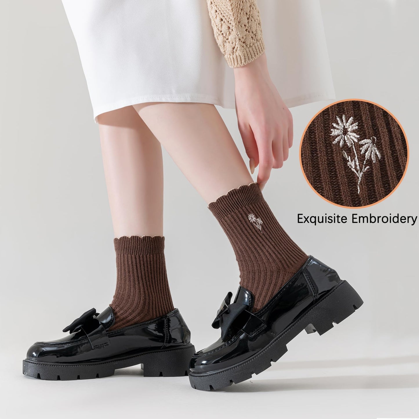 Mcool Mary Women's Ruffle Socks,Casual Cute Flower Embroidered Ankle Breathable Cotton Knit Lettuce Crew Frilly Socks for Women 6 Pack