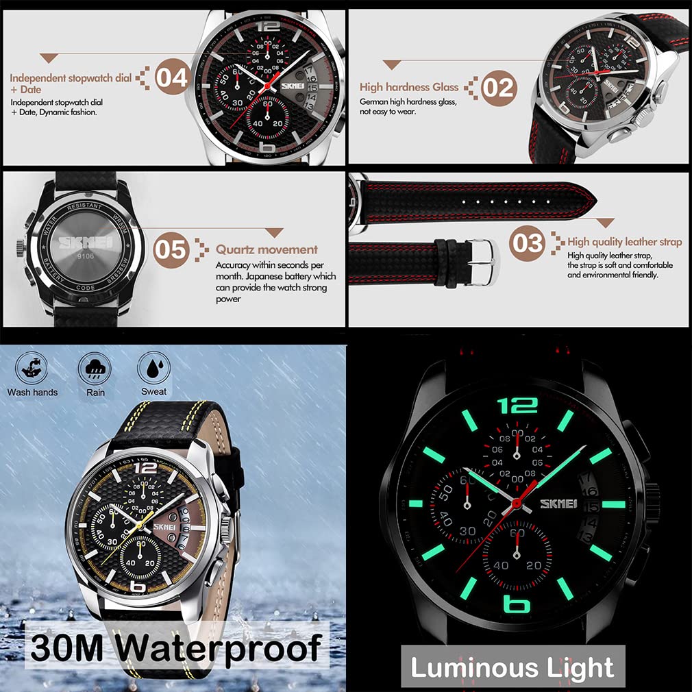 SKMEI Men Watches Black Leather Band Sports Large Big Face Luxury Waterproof Luminous Fashion Dress Casual Analog Quartz Chronograph Father Gifts Wrist Watch