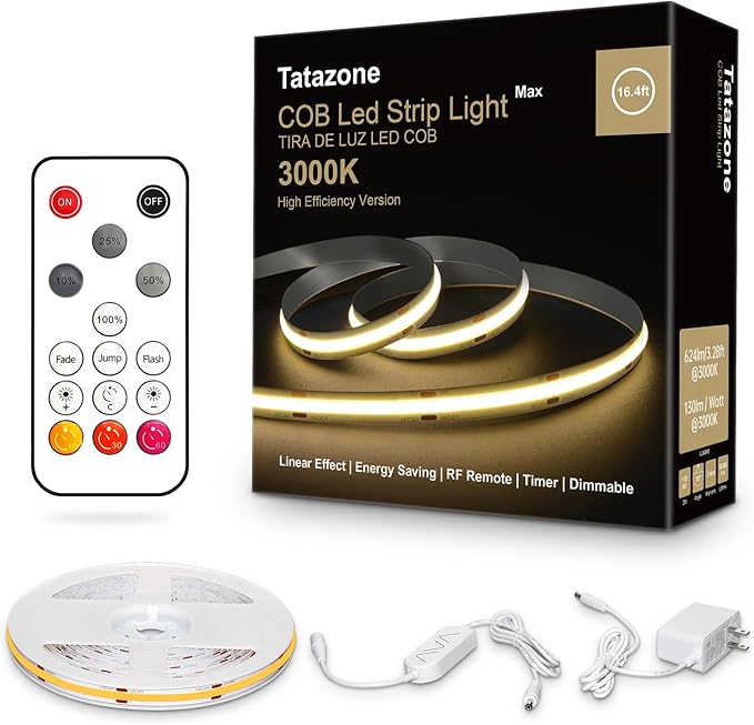 Tatazone White COB Led Strip Lights Max with RF Remote, 16.4ft 3000K Dimmable Ultra Bright Warm White COB Light Strip, Adh...