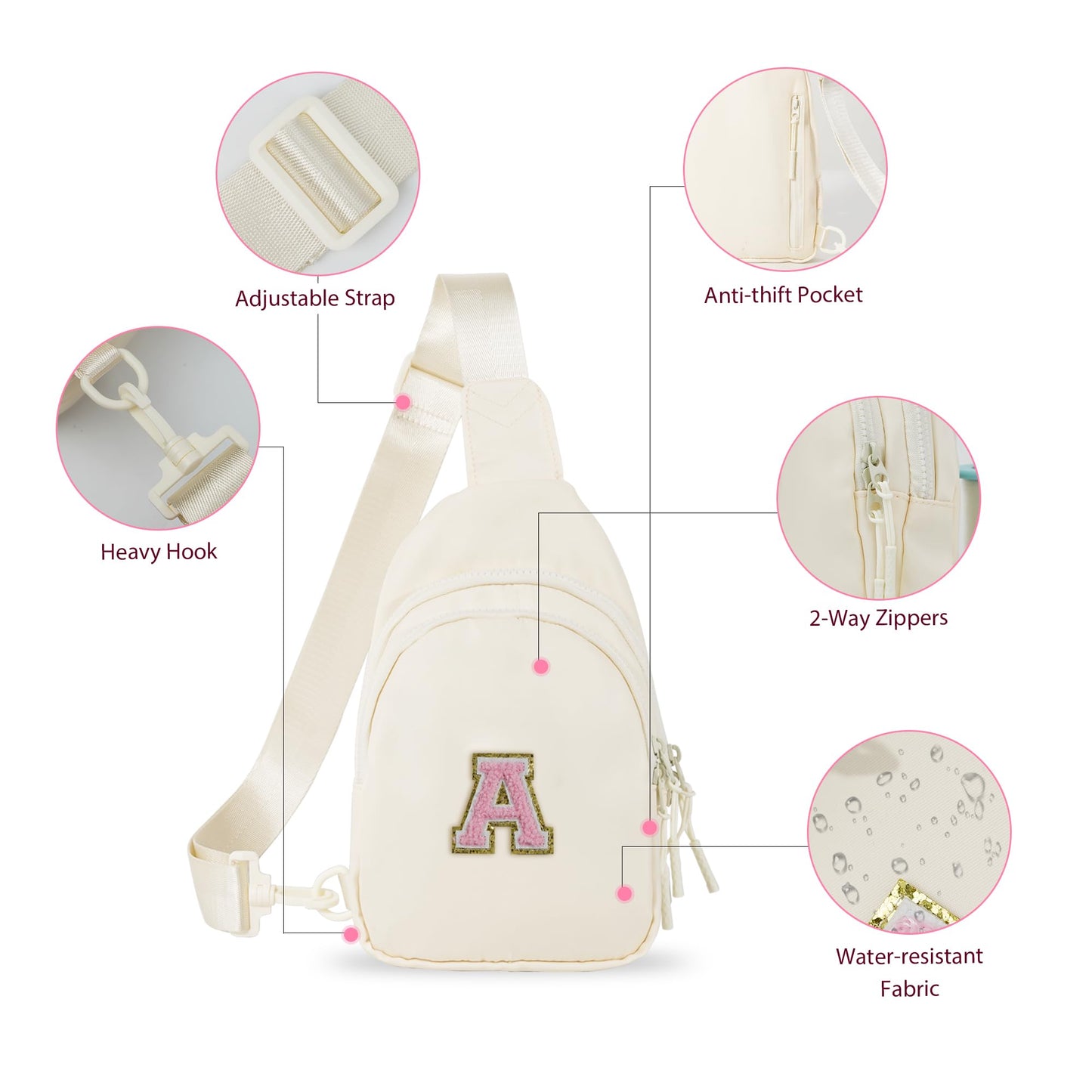 Bomvabe Crossbody Bag for Teenage Girls with Extender Strap 32"-52", Birthday Gift for 6 to 14 Year Old Girls, Sling Bag for Kids and Tweens, Cream with Initials A