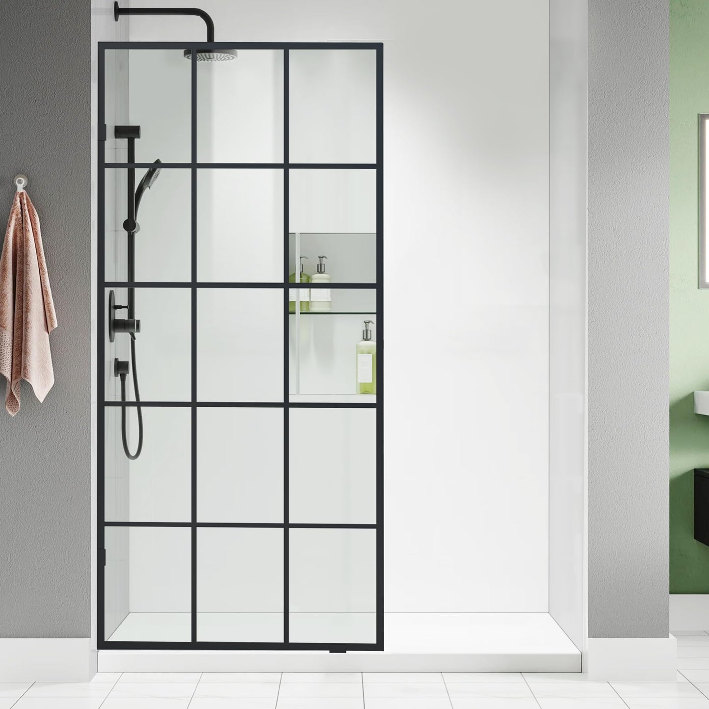 Bathroom Shower Door 28.8" W x 76" H, Framed Fixed 5/16" (8mm) Thick Clear Tempered Glass Door Panel, Matte Black Silk-Print Grid