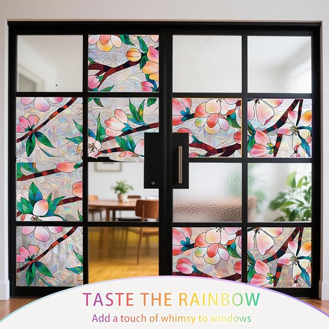 Peach Blossom Stained Glass Window Film Static Cling with Tools - 17.5 x 78.7 Inch Non-Adhesive Privacy Decorative Rainbow Film for Windows, Doors, Sidelights - Easy Install & Remove