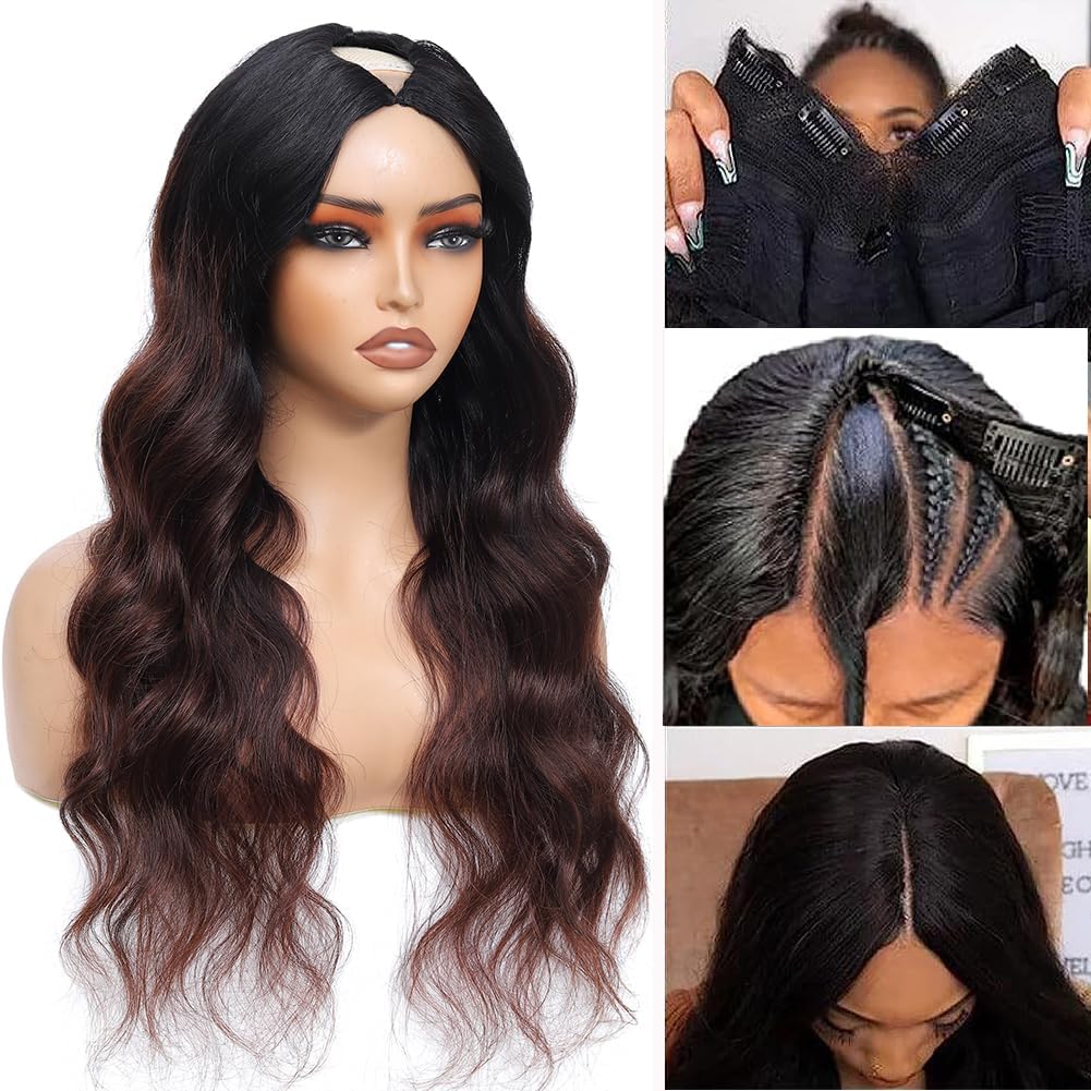 NZINZI Ombre V Part Wig Human Hair Body Wave Brown Wig Upgrade U Part Human Hair Wig with Clips Glueless Wigs Human Hair Clip in