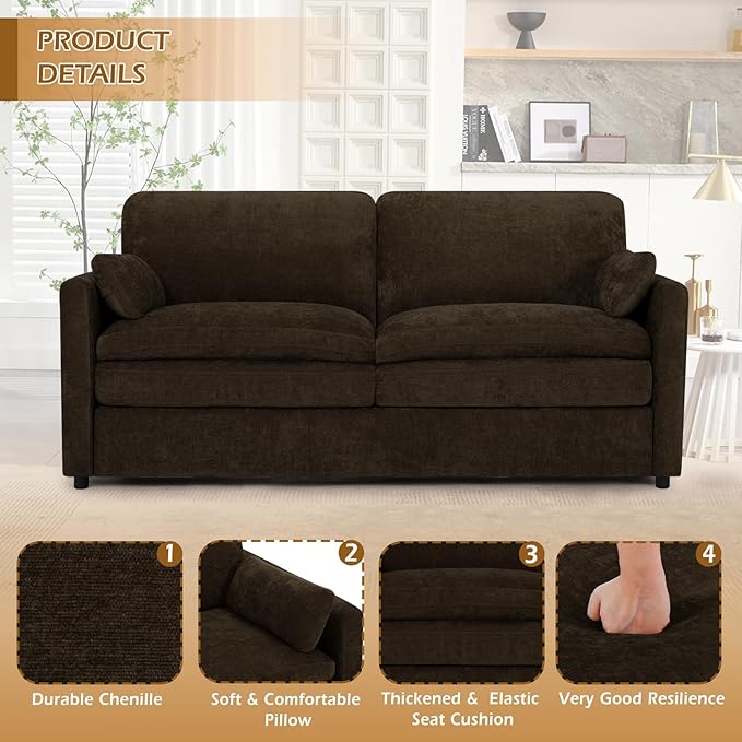 ACMEASE 69” Chenille Loveseat Sofa w/Arm Pillows, Upholstered 2-Seater Sofa w/Comfortable Back Cushions, Modern 2 Seats Couch w/High-Density Foam for Living Room, Apartment, Office, Brown