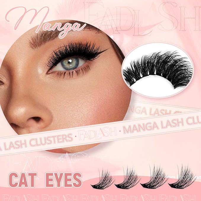 FADLASH Lash Clusters DIY Lash Extensions 80D Eyelash Clusters Cat Eye Cluster Lashes Fluffy Left Right Individual Lashes Cluster Eyelash Extensions Volume 3D Effect (80D-07D, 12-20mm)