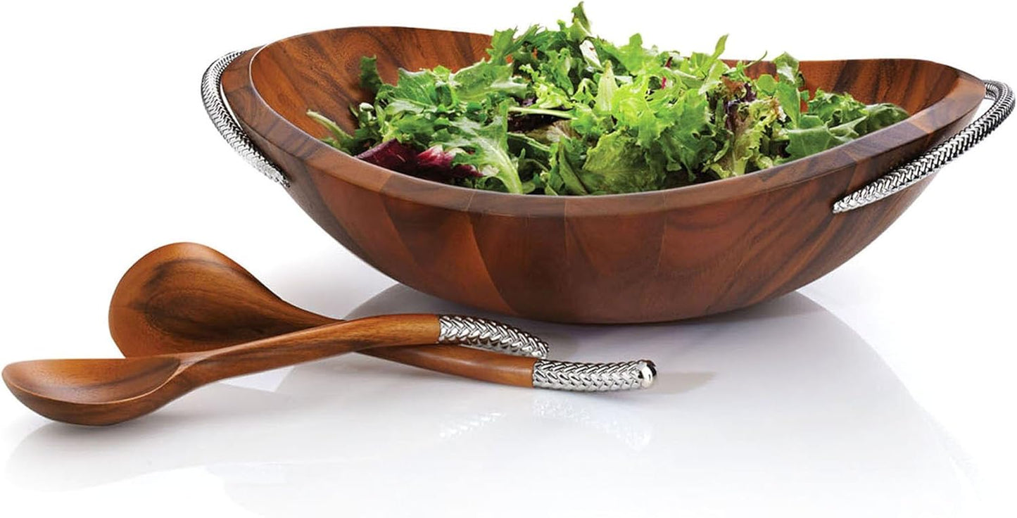 Nambe Braid Salad Bowl with Servers - Acacia Wood Bowl with Chrome Handles - 16" Large Serving Dish with 12” Serving Utensils for Entertaining & Dining, Durable & Stylish - Designed by Sean O’Hara
