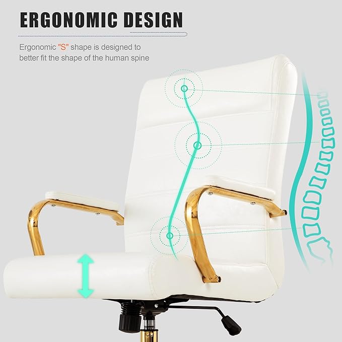 BOWTHY White and Gold Office Desk Chair, Modern Leather Conference Room Chairs, High Back Ergonomic Home ofiice Chair, Adjustable Height Swivel Executive Computer Chair with Padded Seat and Armrest