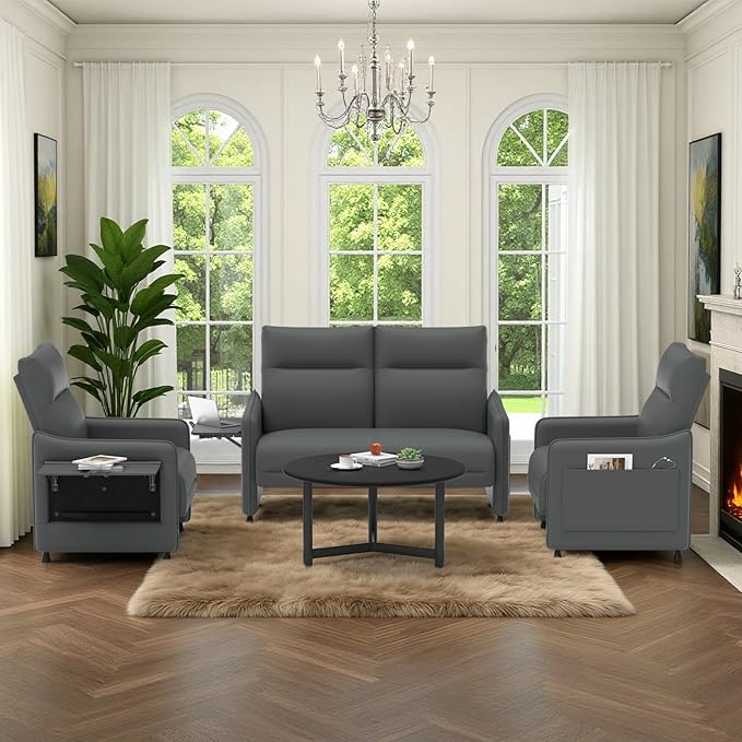 Tbillionnext 3-Piece Living Room Sofa Set, Faux Leather Loveseat & Accent Chairs Set of 2 with Hidden Foldable Tray & Side Pocket, Rear Contour Arm Design, Upholstered Sofa Set for Office, Gray