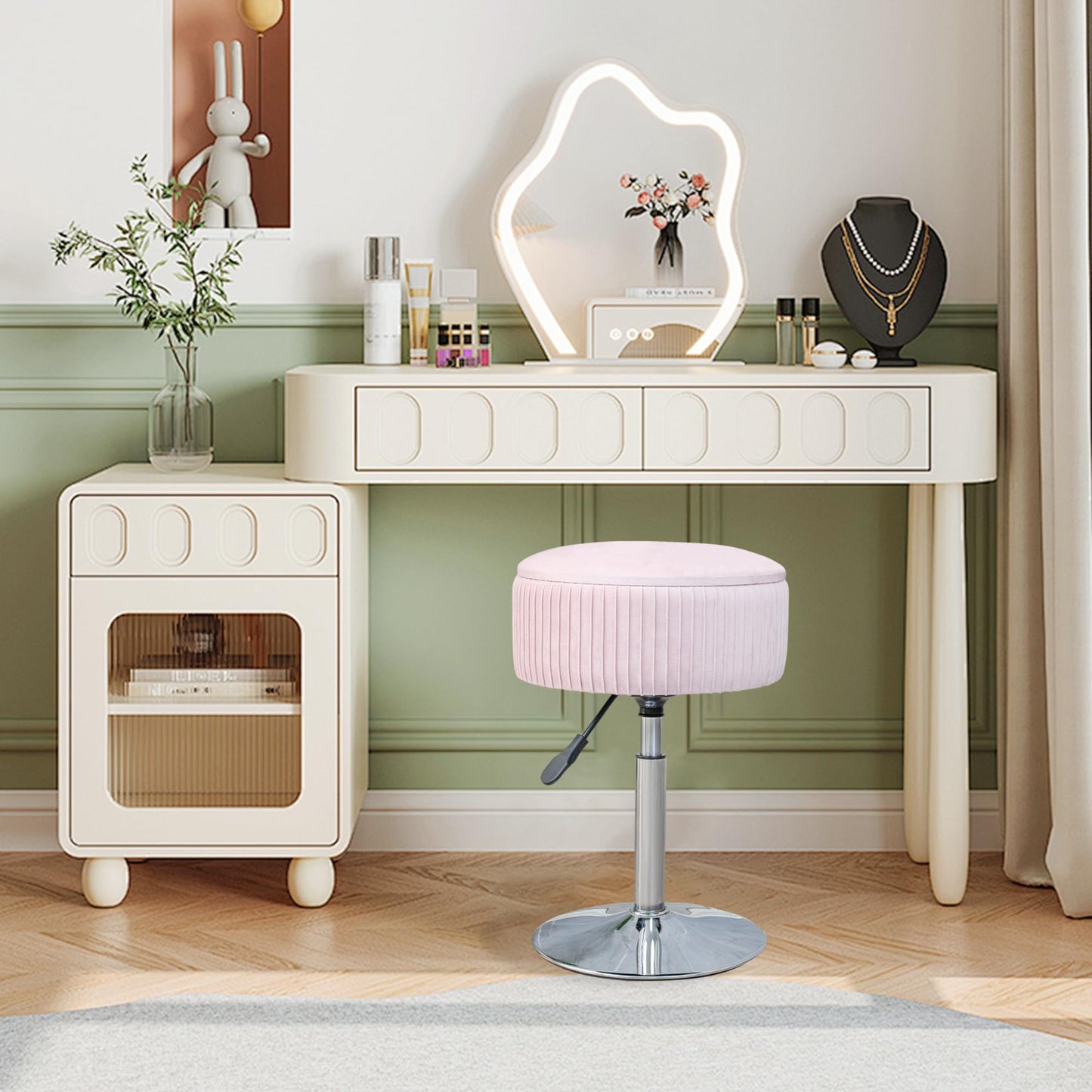 LITZFUR Pink Vanity Stool for Makeup Room, Round Storage Ottoman Height Adjustable Velvet Vanity Chair, 360° Swivel Footrest for Living Room Bedroom