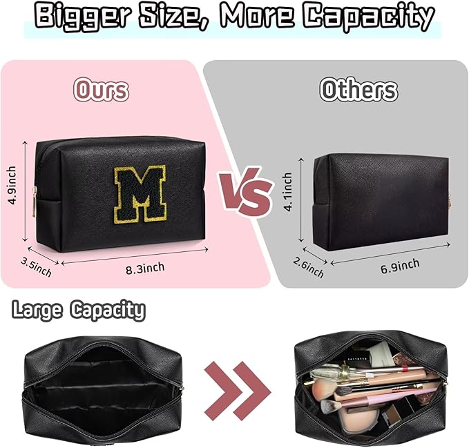TOPEAST Initial Cosmetic Bag, PU Leather Waterproof Travel Toiletry Bag, Monogrammed Gifts for Women, Personalized Birthday Gift for Sister Friends, Cute Stuff for Girls (Black K)