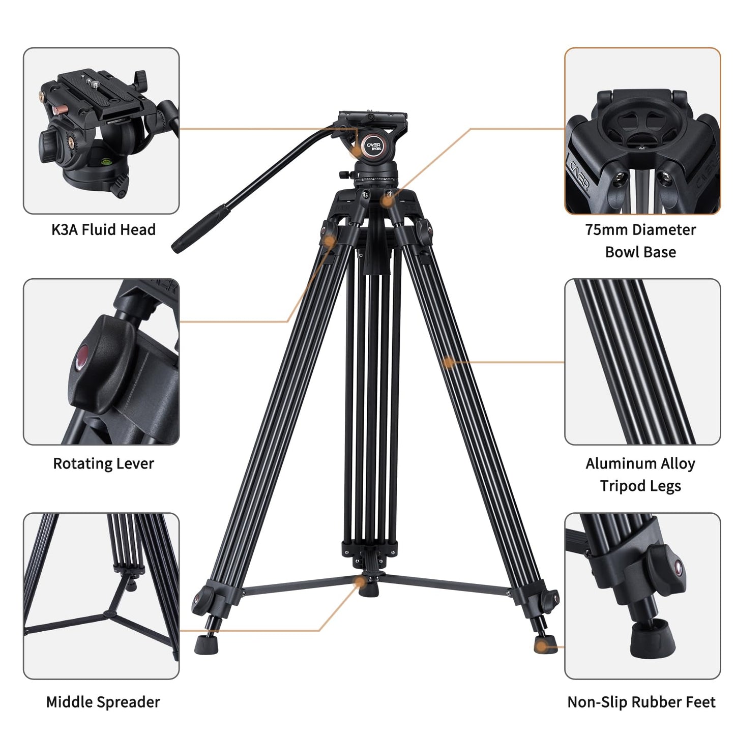 Cayer BV30L Video Tripod System, 72" Heavy Duty Aluminum Twin Tube Tripod with K3 Fluid Head, 75mm Flat Base, Max Load 13.2lbs, for DSLR Cameras, Camcorders, Includes 2 Quick Release Plates