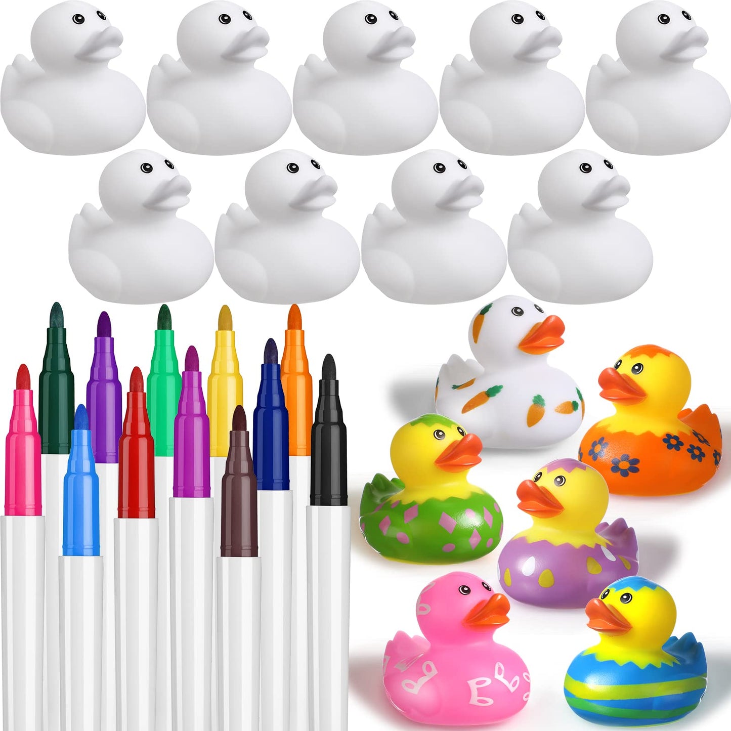 Jerify 12 Pcs 2 Inch White Blank Rubber Ducks Creative Rubber Ducks with Pens of 12 Colors for Pool Bathtub Float Cute Easter DIY Crafts Birthday Gifts Baby Party Favors for Kids