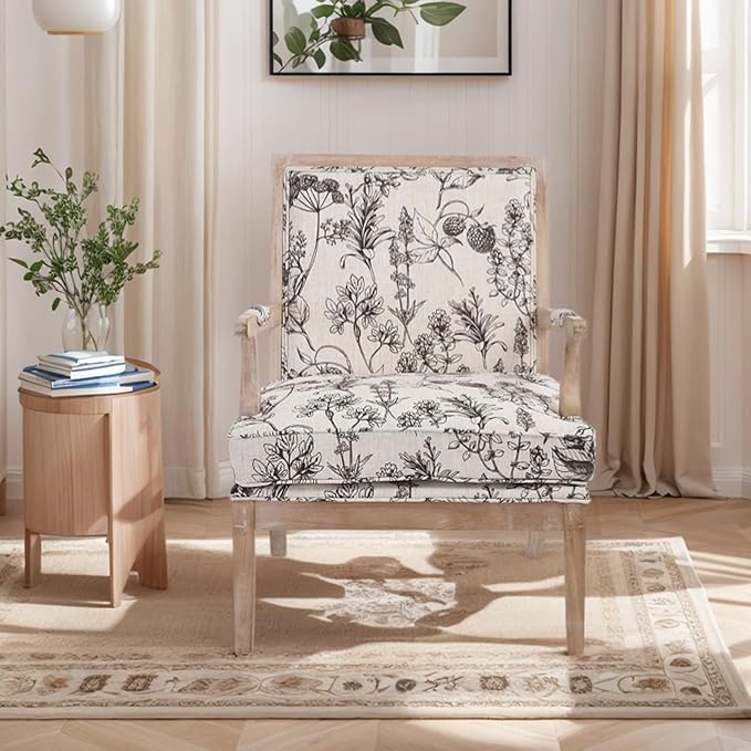 DM Furniture Floral Accent Chair Mid-Century Modern Living Room Chairs Upholstered Fabric Reading Chair Lounge Armchair with Solid Wood Frame & Removable Cushion for Bedroom, Balcony, Floral Pattern