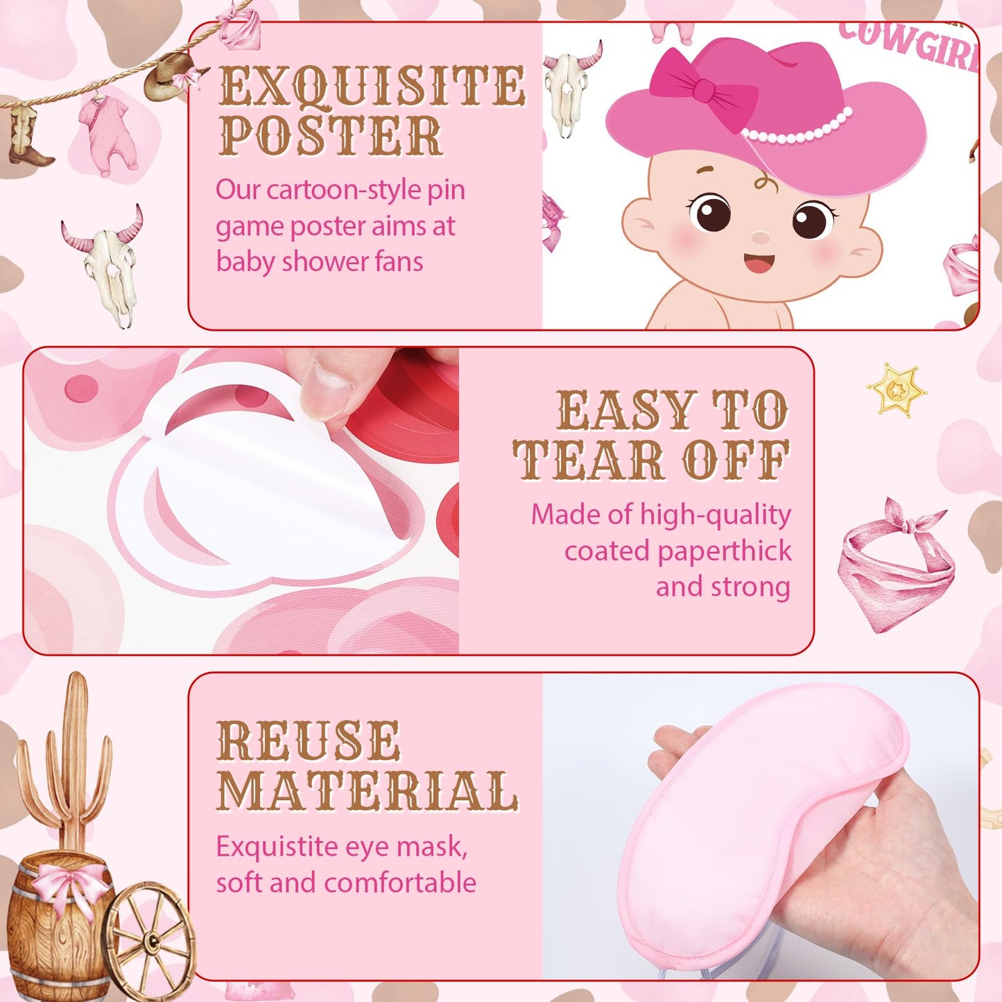 Faccito Pin The Pacifier Baby Shower Game Baby Shower Party Decorations Include Large Poster 24 Pacifier Stickers Blindfold Game Set for Birthday Party Decor Supplies(West Cowboy)
