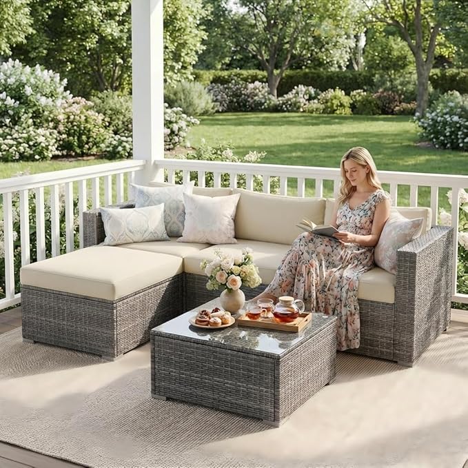 May in Color Outdoor Patio Furniture Set, Rattan Outdoor Sectional Furniture, Patio Conversation Sets for Balcony, Porch, Backyard, Deck, Garden, Beige