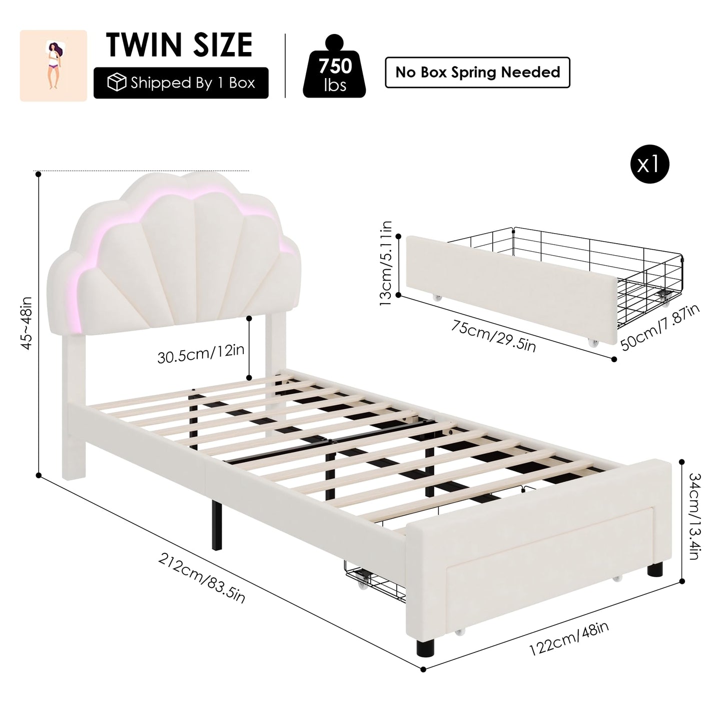 HIFIT Twin Upholstered Smart LED Bed Frame with Storage Drawer and Adjustable Chic Double Petal Headboard, Princess Platform Bed for Girls/Kids, Solid Wood Slats Support/No Box Spring Needed, Beige