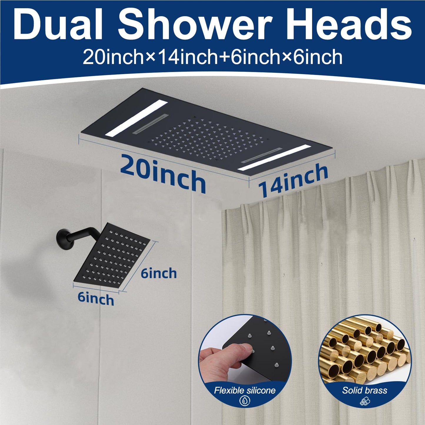 NPYSVSSS Dual Rain Shower Head Thermostatic Luxury Spa Shower System And Ceiling Mount 14x20 Inch LED 4 Functions with 6 Inch Wall Head Shower Faucet Set,Matte Black