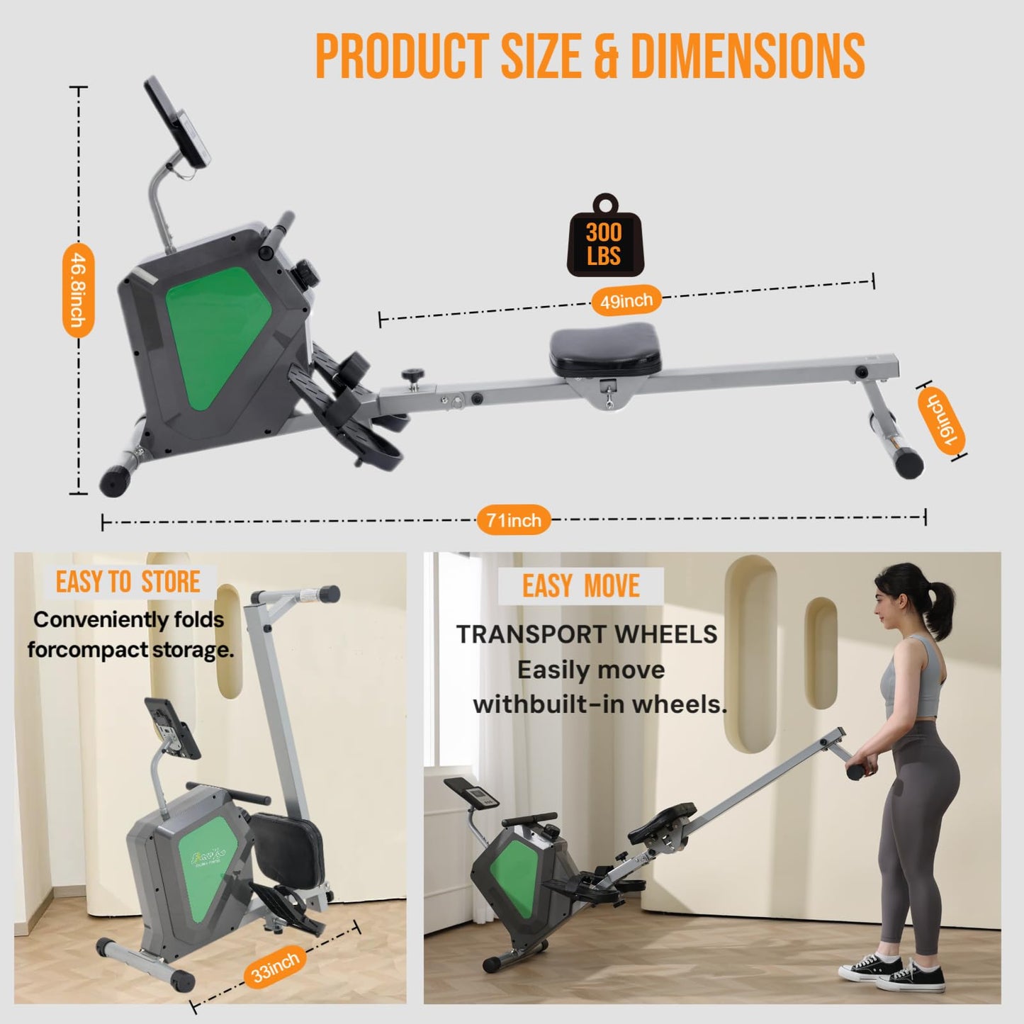 CUDOEEAI Magnetic Rowing Machine, Quiet Foldable Rower with 8-Level Resistance, LCD Monitor & Tablet Holder, Full-Body Low-Impact Cardio Equipment, Optional 2-in-1 Strength Training (Gray SRM2000)