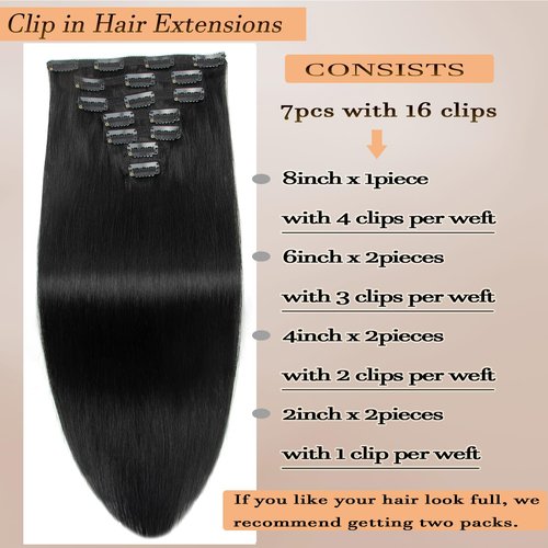 Jet Black Clip in Hair Extensions Real Human Hair Clip ins 20 Inch 7pcs 120g Human Hair Clip in Extensions Straight Hair Double Weft Human Hair Extensions For Women
