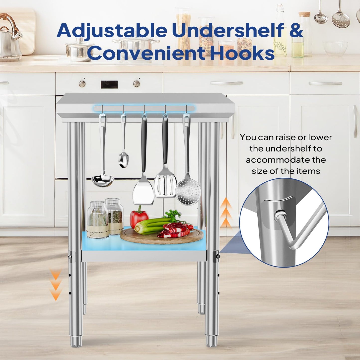 ROVSUN 24 X 24 Inch Stainless Steel Table,Commerical Prep Table for Work, Heavy Duty Metal Table with Hooks & Adjustable UnderShelf for Home Kitchen Restaurant Garage Warehouse Outdoor