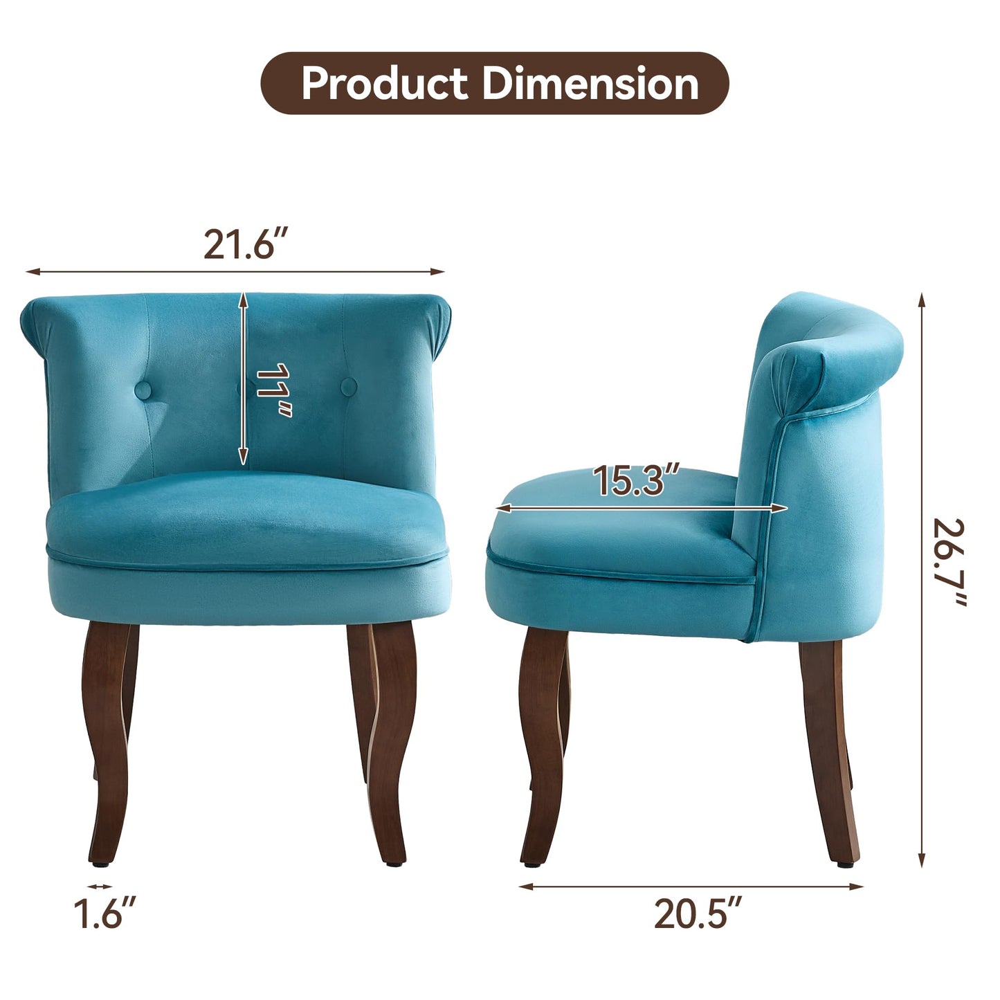 Velvet Vanity Chair with Back, Tufted Upholstered Vanity Stool with Solid Wood Legs, Mid Century Small Makeup Chair for Vanity, Accent Chair for Bedroom, Living Room, Teal