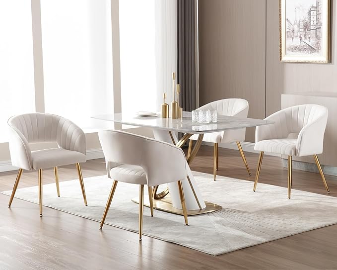 KCC Modern Velvet Dining Chairs Set of 4, Cream, Hollow Back, Tufted Kitchen Chairs Side Chairs with Gold Metal Legs for Living Room