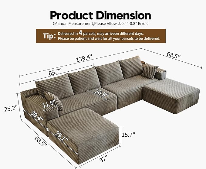 139.4" Modular Sectional Sofa, U-Shaped Minimalist Couches with 2 Ottomans Chaise, Modern Deep Seat Convertible Sleeper Sofa Bed,Cloud Plush Corduroy Fabric, No Assembly Required, 6 Seater, Camel