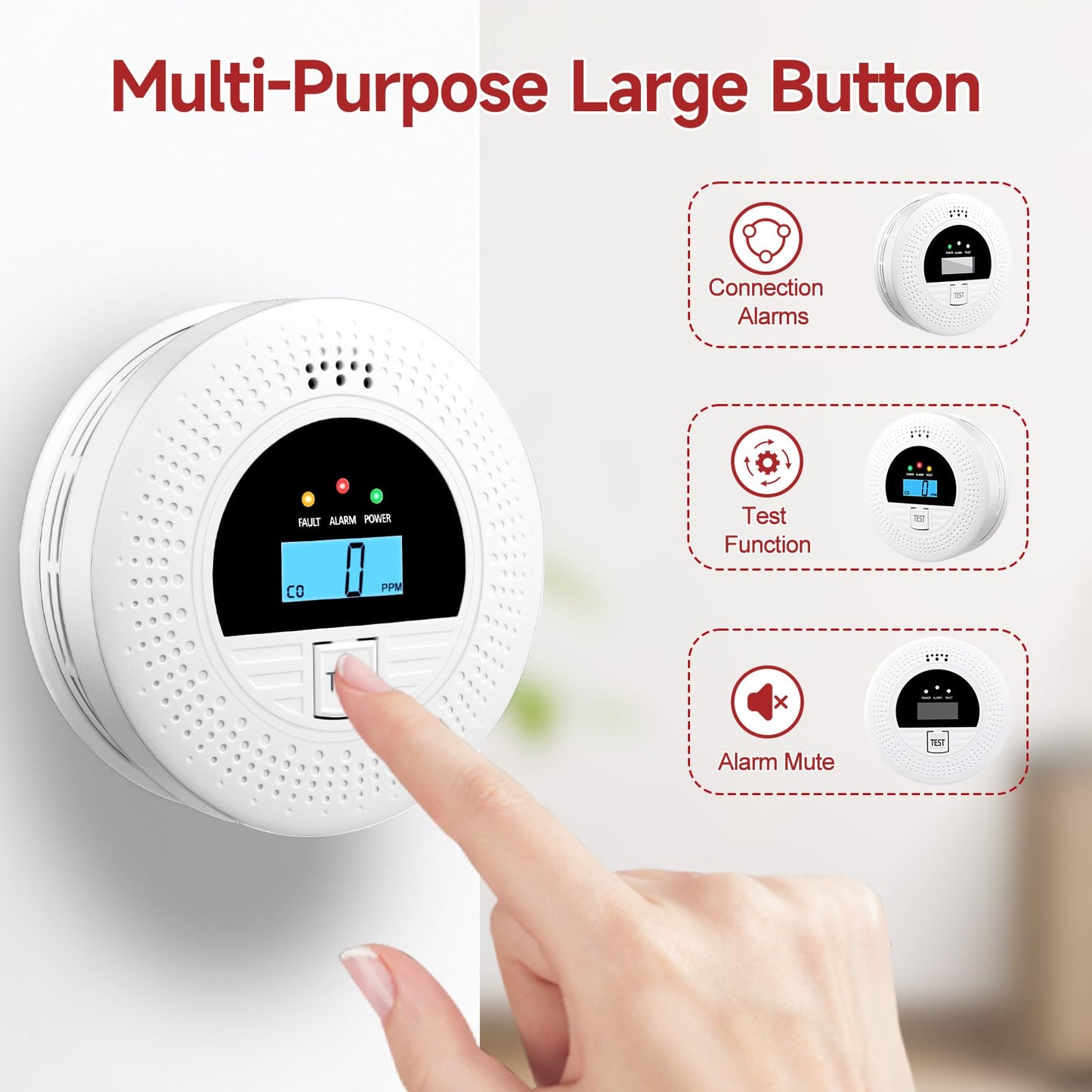 1-Pack Interconnected Smoke and Carbon Monoxide Detector, Test Button & Replaceable Battery, Smoke and CO Alarm for Home, Hallways, Bedroom, Reliable Alert