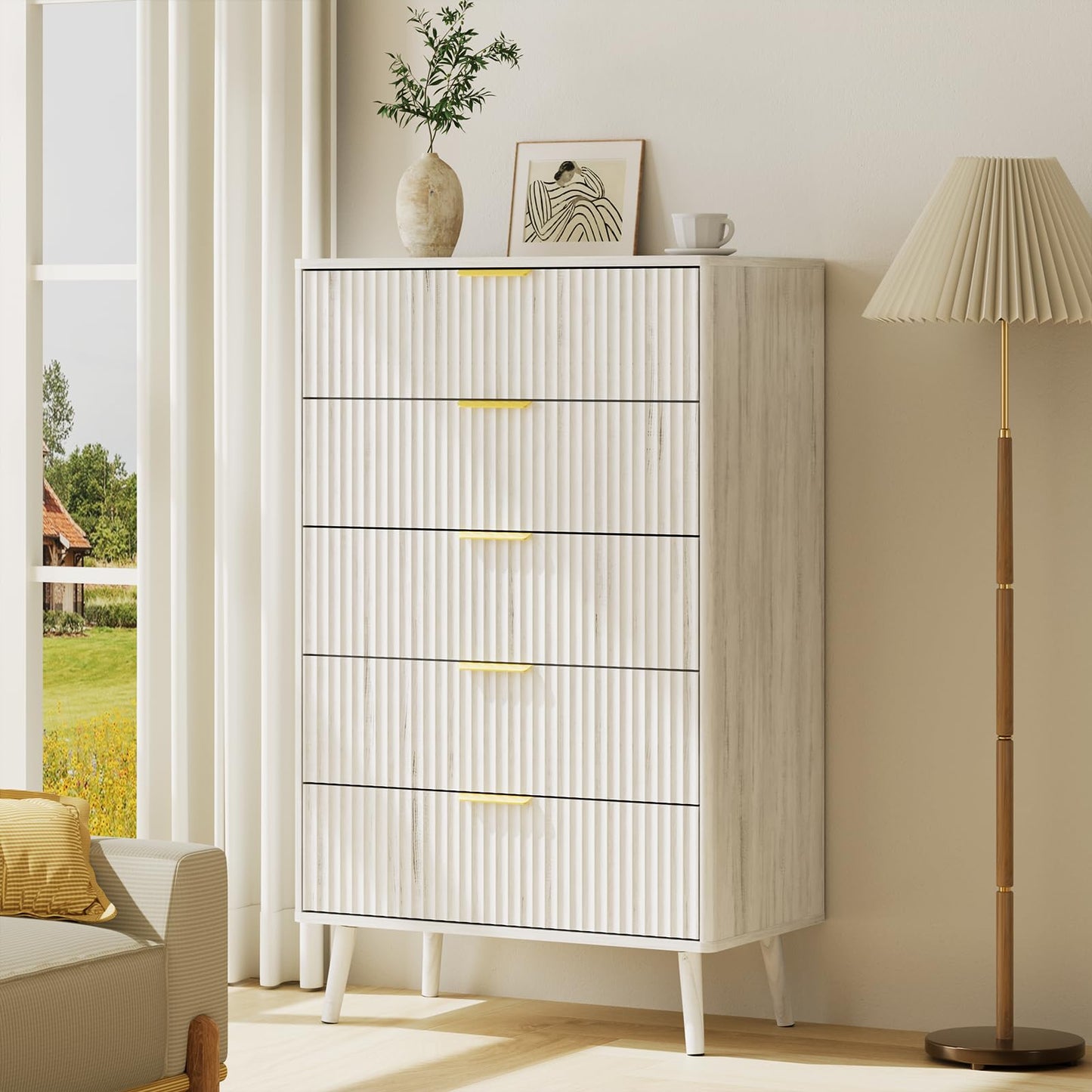 LYNSOM Fluted 5 Drawers Dresser, 45" Tall Modern Chest of Drawers with Curved Profile Design and Metal Handle, Wood Drawer Organizer for Bedroom, Living Room, Hallway, Entryway, White