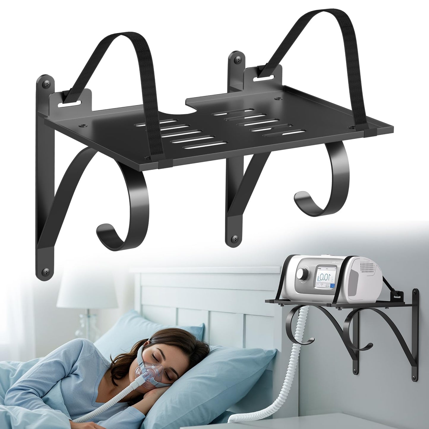 CPAP Wall Mount Shelf Stand for ResMed AirSense 10/11 CPAP Hose Holder for Bed, Heavy Duty CPAP Holder Bedside with Extra Large Surface, Adjustable Hose Hanger & Mask Hook, Space-Saving & Durable