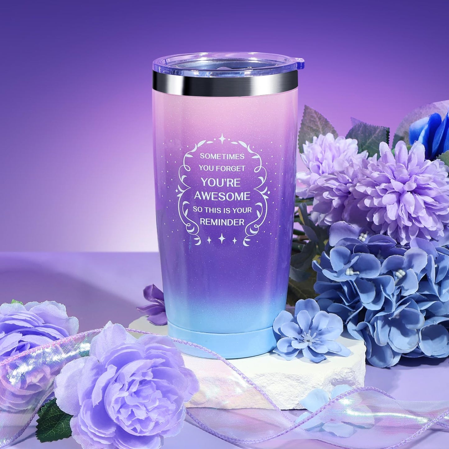 Allemu Birthday Gifts for Women, Thank You Gifts for Mom, Gifts for Wife, Girlfriend, Sister, Gift Set Idea for Her Christmas - Purple Gift Basket with 20 Oz Novelty Drinking Glasses