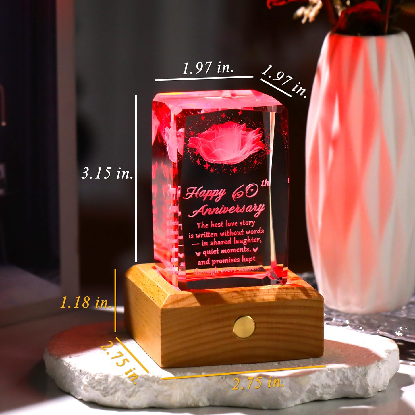YWHL 60th Wedding Anniversary Crystal Gifts for Parents Grandparents, 60 Year Anniversary Glass Keepsake for Wife Husband, Romantic 3D Rose Gifts for Couples