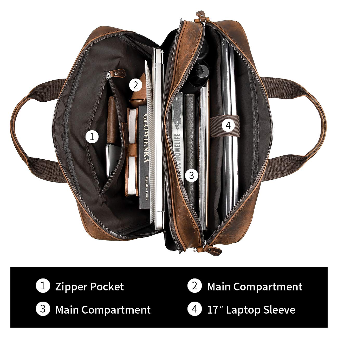 Augus Business Travel Briefcase Genuine Leather Duffel Bags for Men Laptop Bag fits 15.6 inches Laptop YKK Metal Zipper (Dark brown)