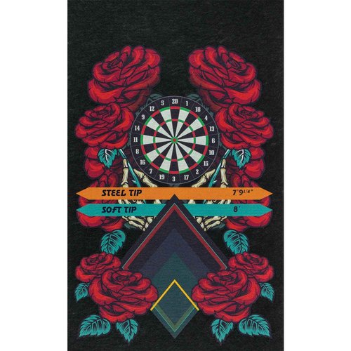 PIG Rose & Bone Design Self-Sticking Dart Mat – Official Soft & Steel Tip Throwlines - Black – 3’ x 10’ – PM70151