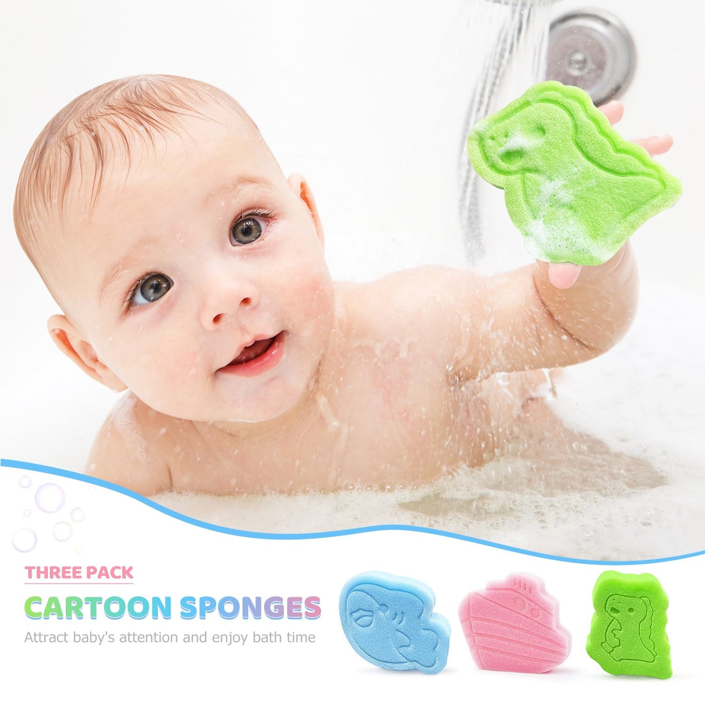 DANCELF Baby Bath Sponge, Natural Cute Shapes Soft Shower Sponges for Bathing, Bathtub Foam for Infants and Toddler, 3pcs : Blue
