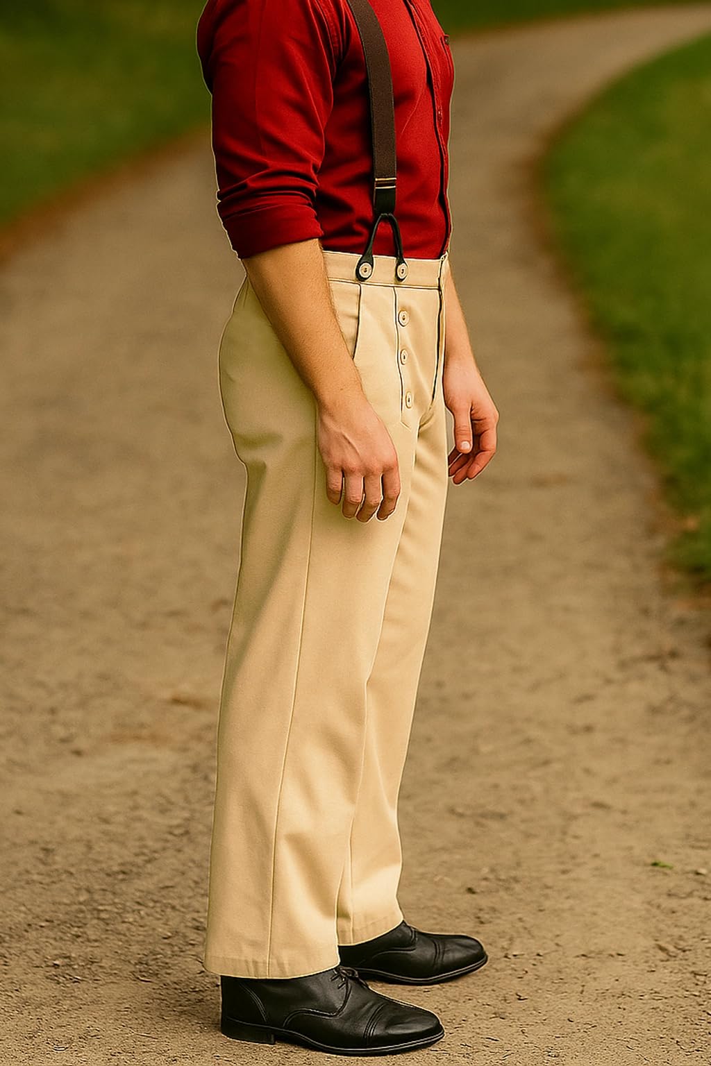 ThePirateDressing Steampunk Victorian Cosplay Architect Men’s Pants – High-Waist Gothic Trousers for Halloween, Renaissance, Tussar Poly-Viscose Fabric – Suspenders Ready C1328-Beige-Small