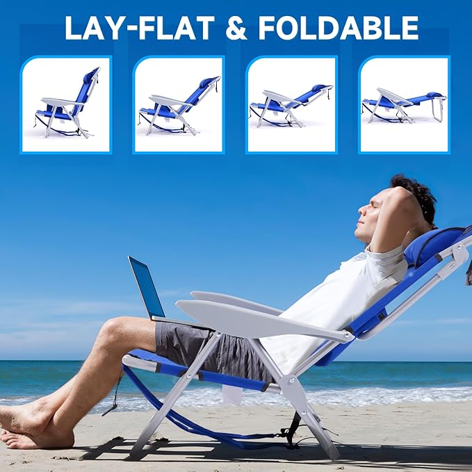 Canpsky Portable Beach Chair for Adults, Outdoor Camping Chair Lay Flat Folding Backpack Beach Reclining Chair with 5 Positions, Headrest, Zipper Pouch, Cup Holder, Blue