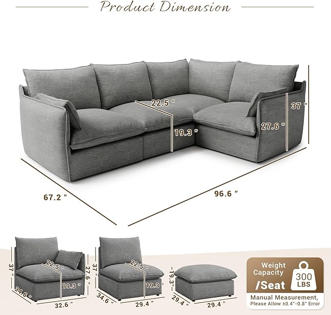 Forest aesthetics Cloud Modular Sectional,Waterproof High Backrest 4 Seater Sectional Couches,Down Filled Modular Couch with Removable Washable Cover for Living Room,Dark Gray