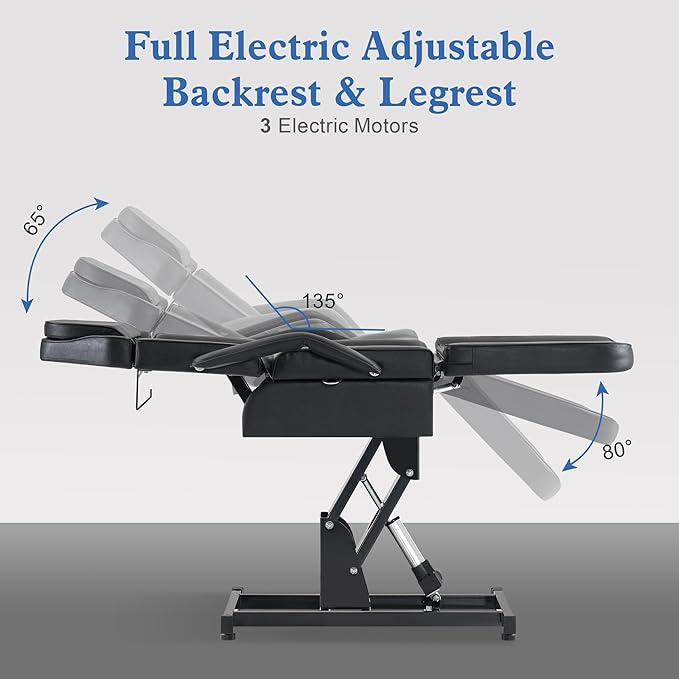 BarberPub Fully Electric Facial Bed with 3 Motor for Esthetician, Electric Tattoo Chair for Client, Facial Bed for Esthetician, Electric Adjustment 2751 (Black, Height (Flat): 27.5"–37")
