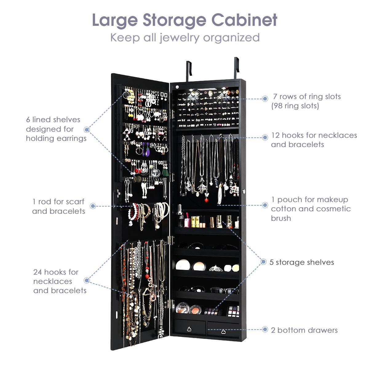 OFFICEJOY Wall/Door Mounted Jewelry Armoire w/Full-Length Mirror & LED Lights, Lockable Jewelry Armoire Mirror Organizer, Jewel Storage Hanging Cabinet w/Scarf Rod, 36 Hooks, 1 Makeup Pouch (Black)