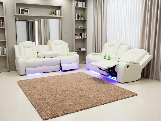 Power Reclining Sofa Set with Drop-down Table, Living Room Furniture Sets, Vanilla White Breathing Leather Sofa Power Sofa and Loveseat with Cup Holders/Storage Console/LED Light for Living Room