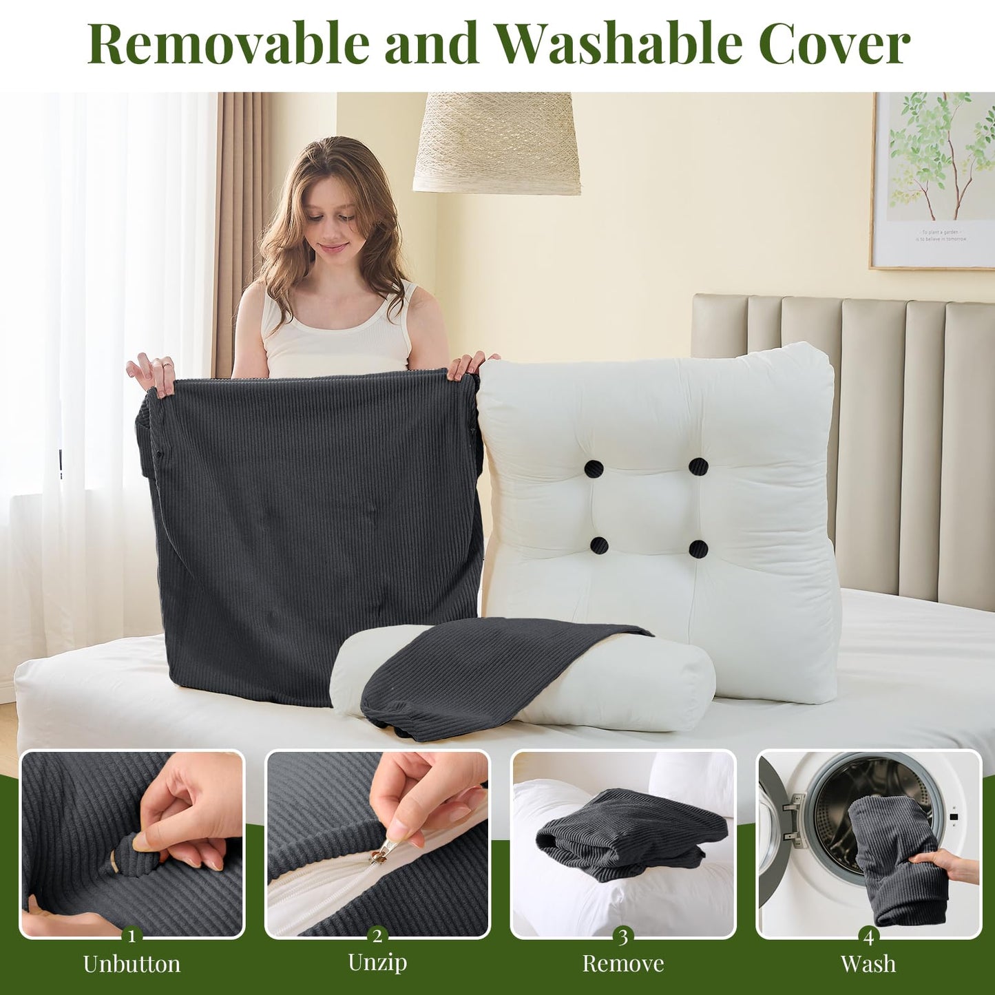 Sasttie Wedge Pillow Set, 2PCS Reading Pillow for Sitting, Bed Wedge Pillow Headborad for Sleeping, After Surgery, Acid Reflux, Leg and Back Support, with Neck Cushion, 23"x11.5"x23", Dark Grey