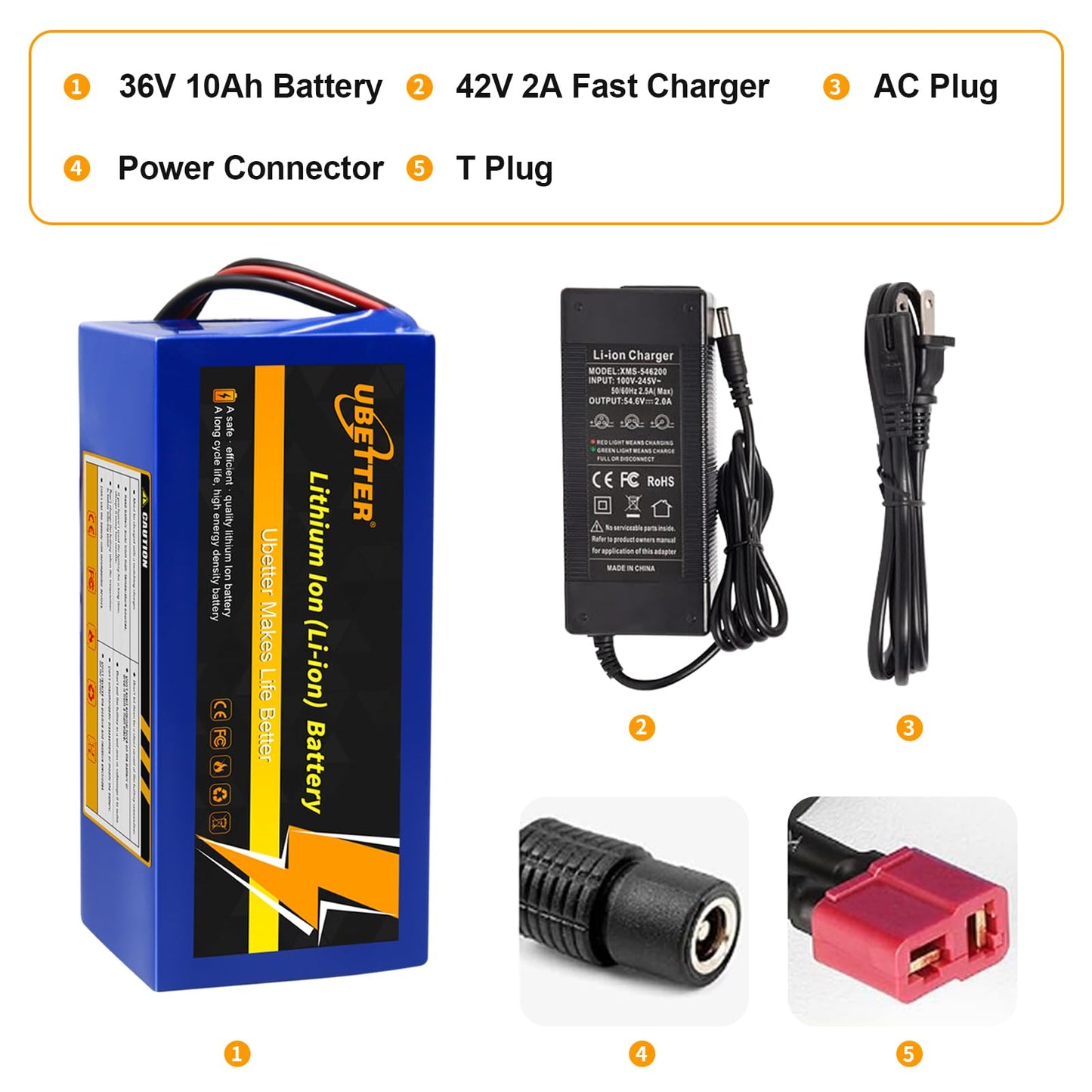 QTQ 36V 48V Ebike Battery, 8Ah 10AH 14AH 20AH Electric Bike Battery with 2A Charger, for 0-1000W Electric Bicycle Scooter Motor (36V 10Ah with Charger)