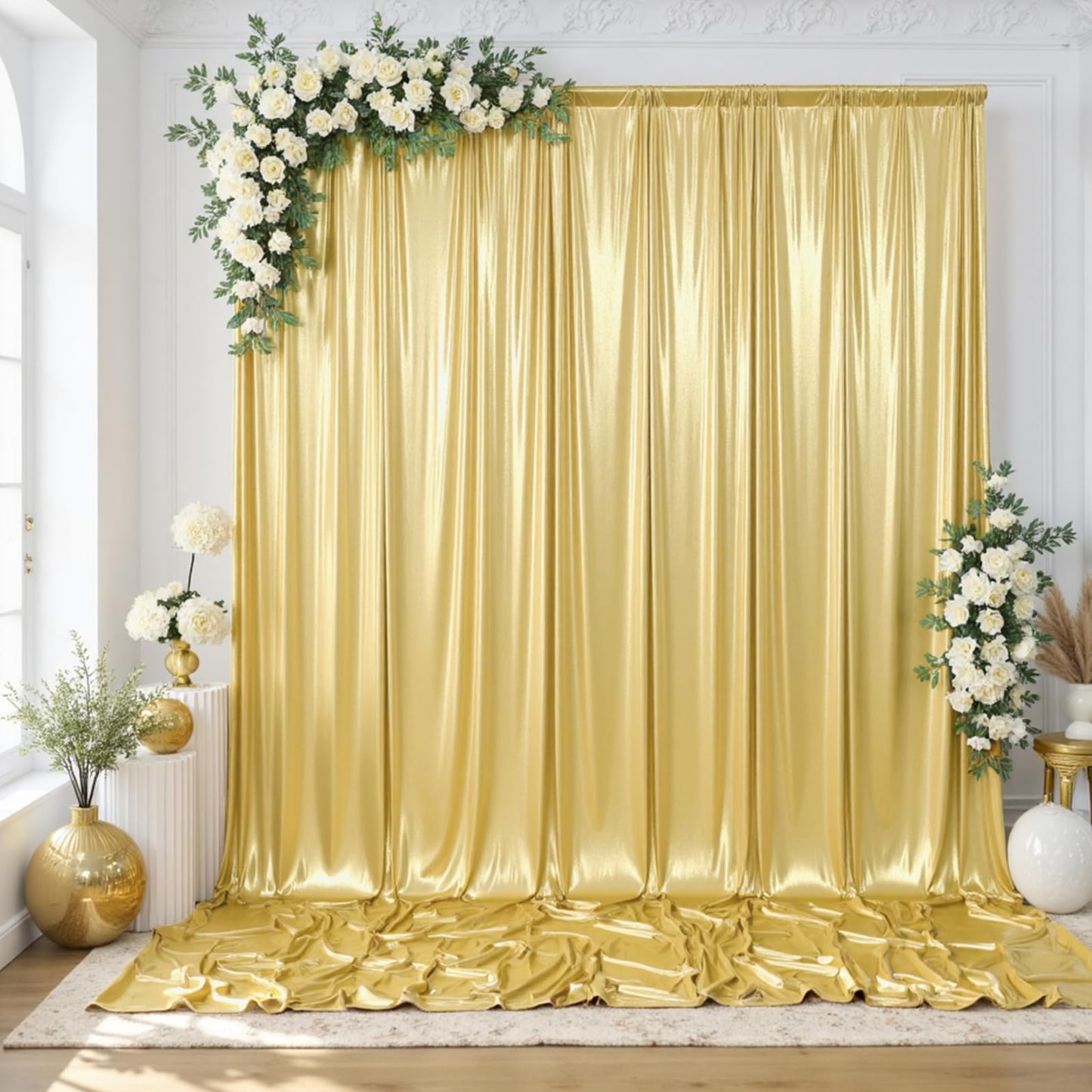 gogoparti 10x10FT Gold Sequin Backdrop Curtain - 2 Panels of 5x10FT Wrinkle-Free Glitter Drapes for Photography, Birthdays, Weddings & Graduations