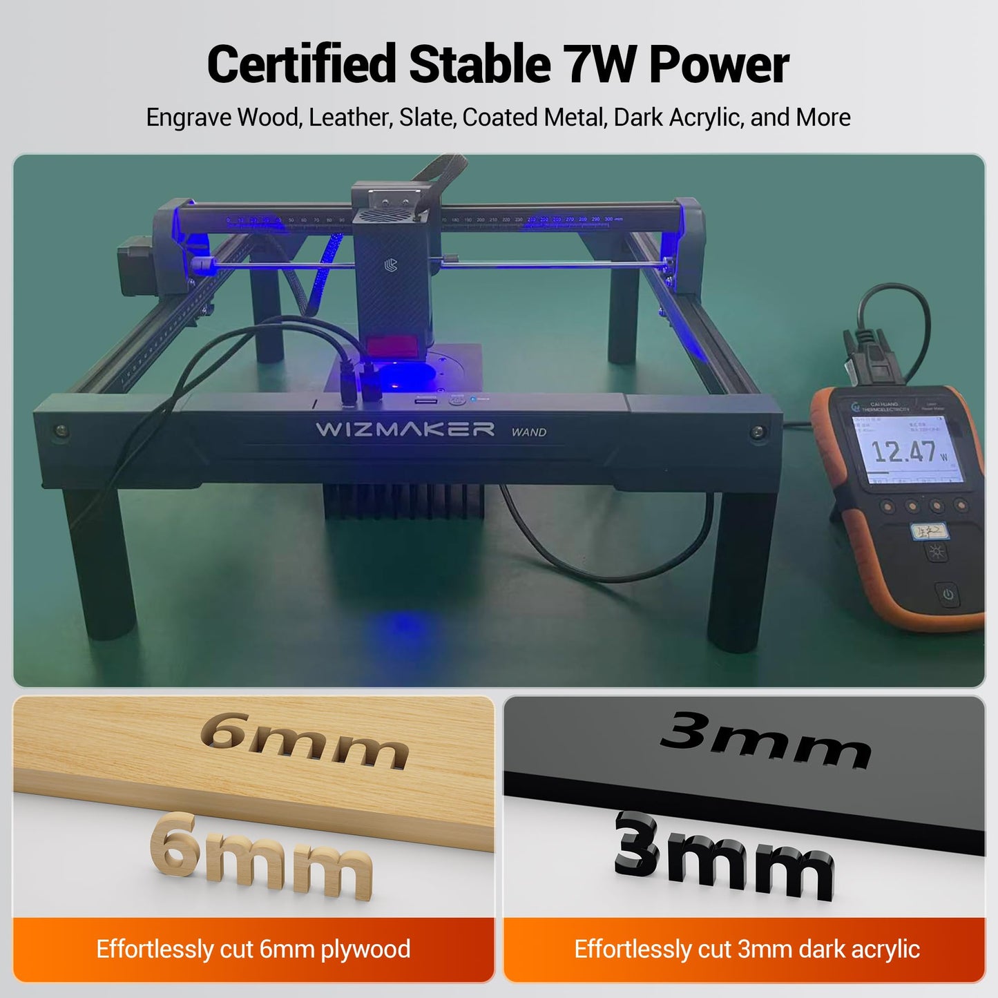 Wizmaker Wand Laser Engraver, 7W Output Power Engraver, 300x300mm Processing Area, 10000 mm/min Processing Speed, Suitable for Processing Wood, Leather, Coated Metal, Acrylic