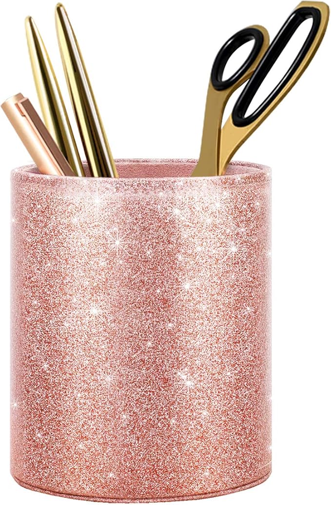 WAVEYU Pen Holder for Desk, Pencil Cup Pink Glitter Bling for Women Girls, Luxury Makeup Brush Holder Large Pu Leather Mul...