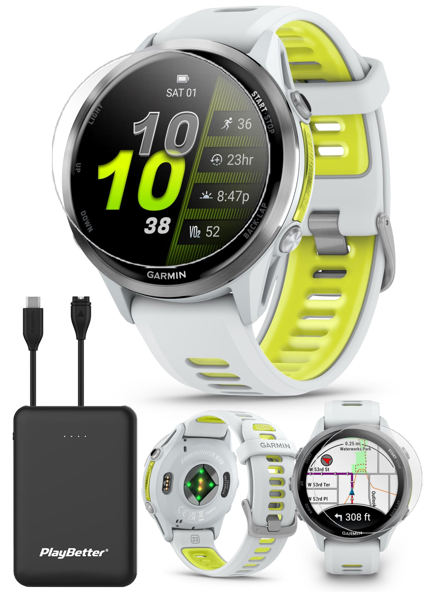 Playbetter Garmin Forerunner 970 (Whitestone/Translucent Amp Yellow) Premium Gps Running & Triathlon Smartwatch Bundle - Amoled,