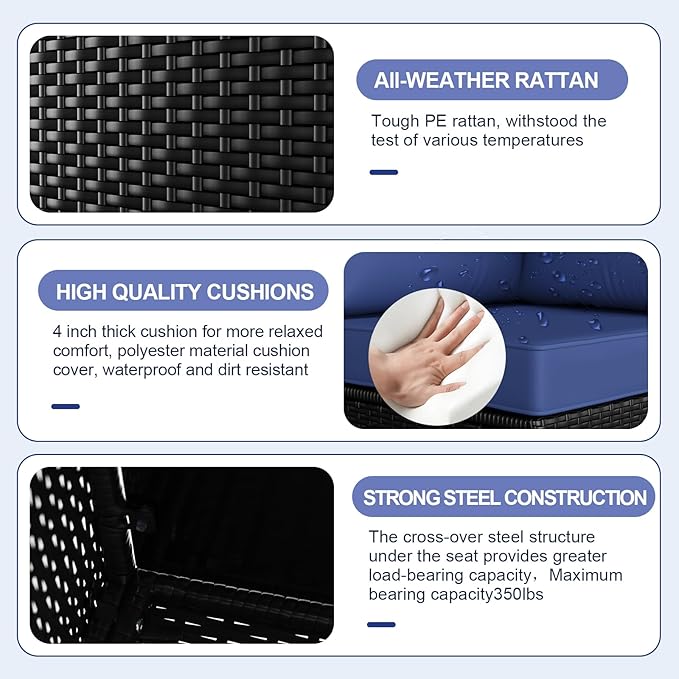 Ophelian 7 Pieces Outdoor Conversation Sectional Rattan Sofa, Patio Furniture Set, with Wicker and Cushions for Garden and Backyard, (Coffee/Deep Blue)