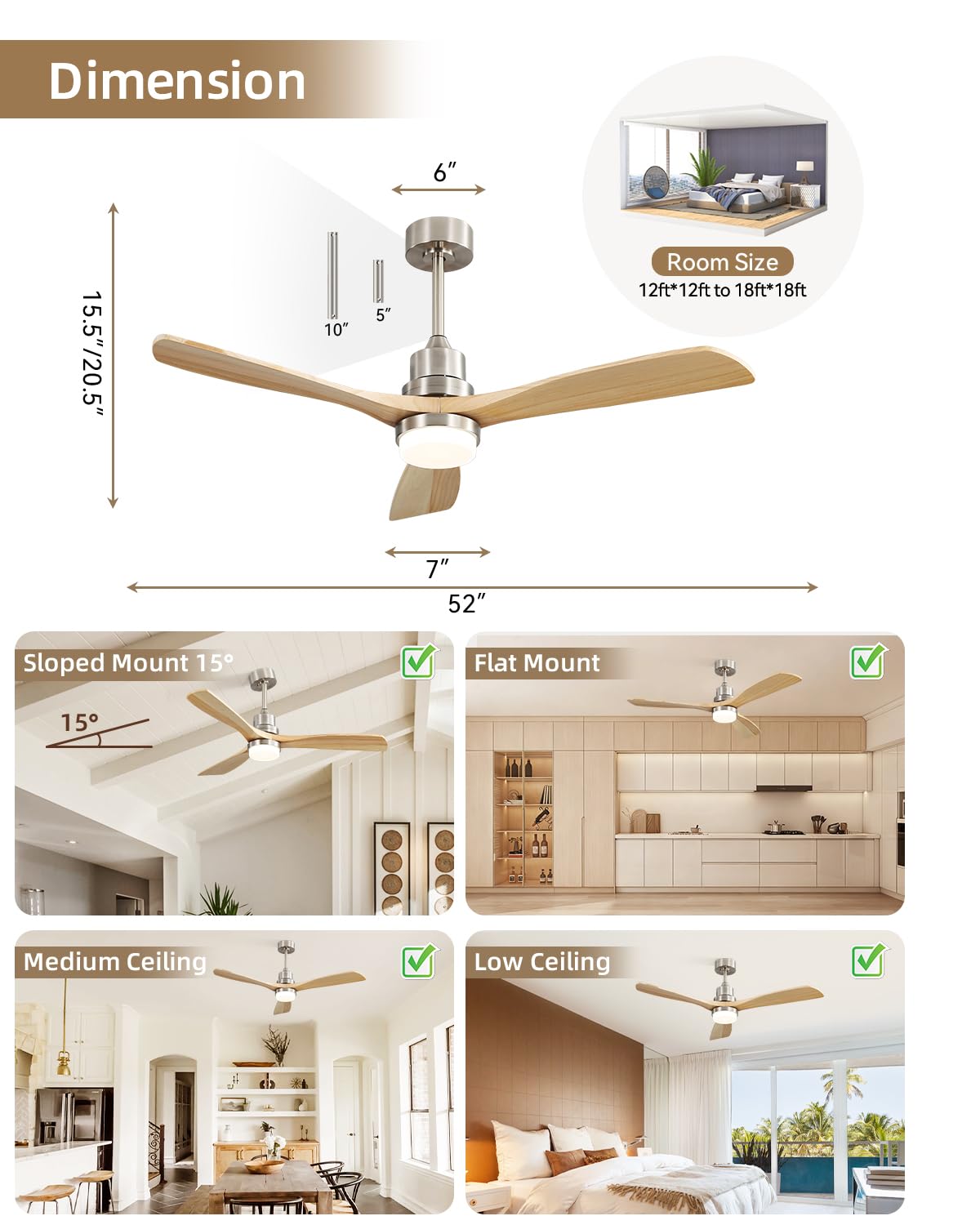 Sofucor 52 Inch Ceiling Fan with Lights and Remote Control-Modern Solid Wood Blade Ceiling Fan for Bedroom Living Room Indoor Outdoor Farmhouse Patio, Noiseless DC Motor, Sandy Nickel & Natural Wood